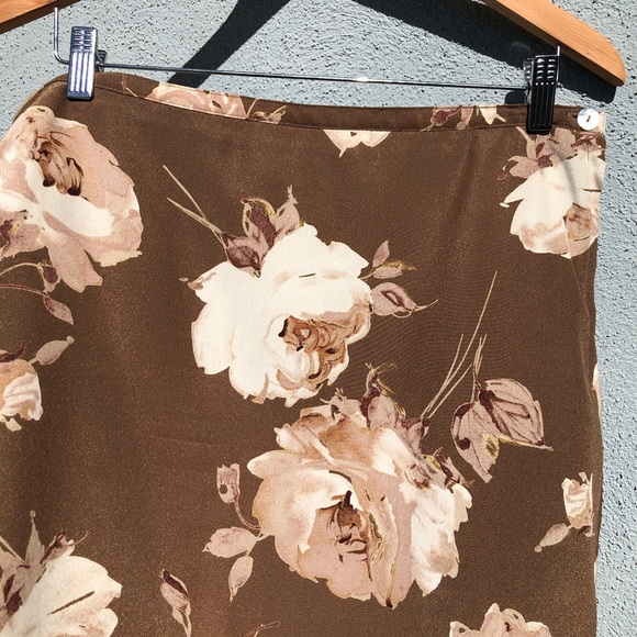 Vintage 90s Autumn Rose Gold Sheen Skirt 🍂 Brown Floral Midi Fairy Romantic - Picture 5 of 5